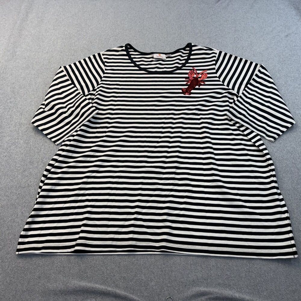 Quacker Factory Shirt Womens 3X Black White Striped Lobster Half Sleeve Mature